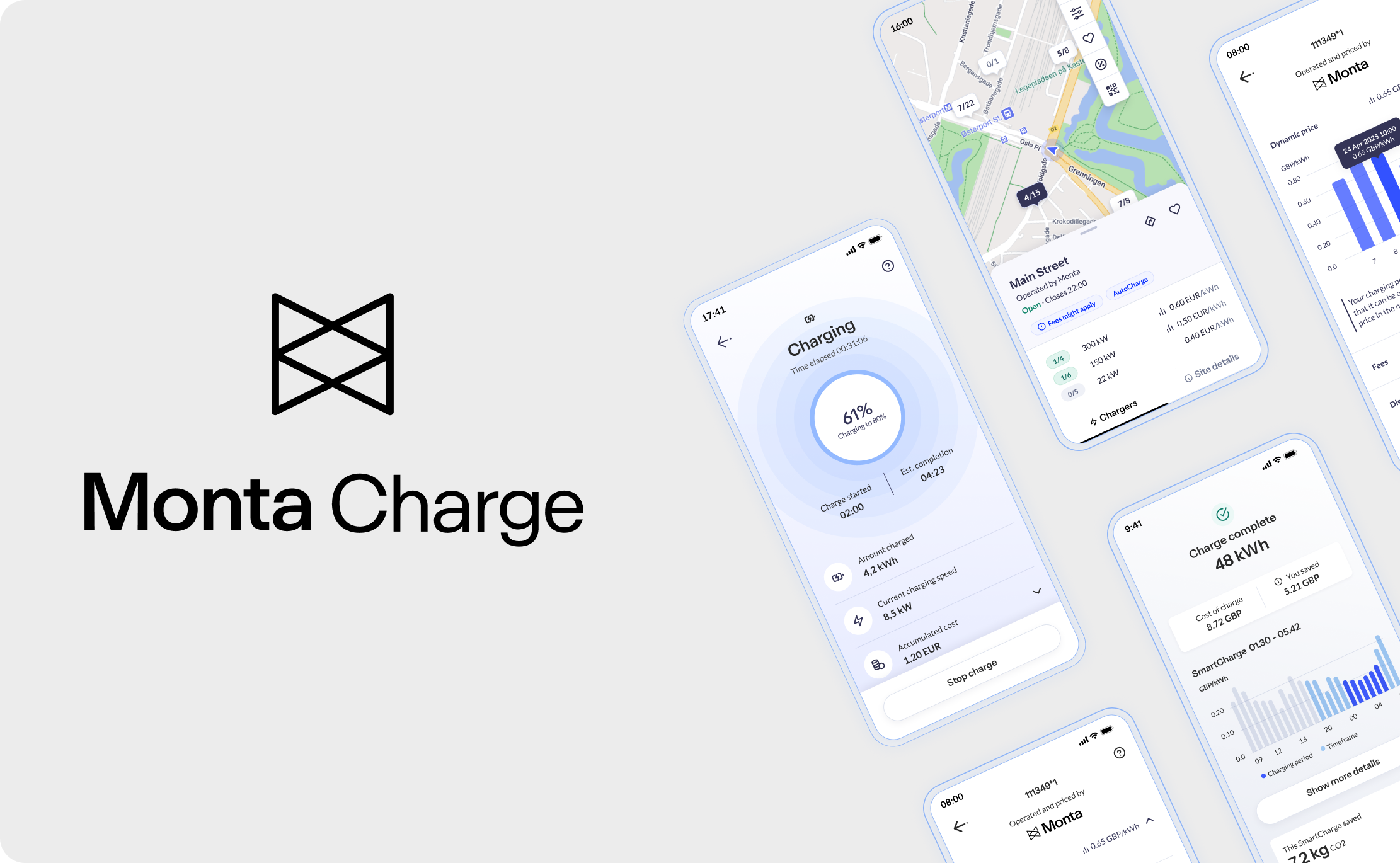 Monta Charge-appen visar laddstationer och tariffer
